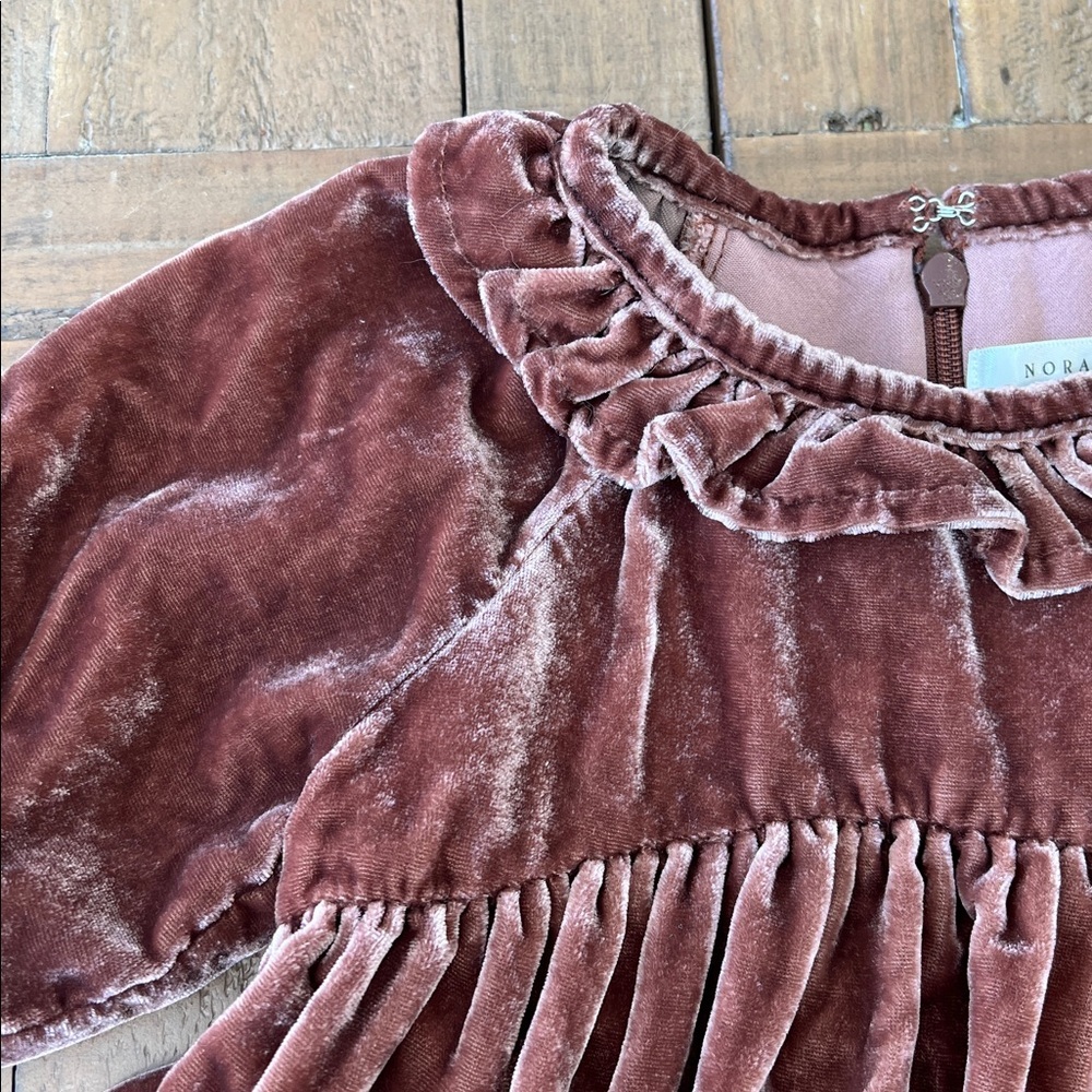 Girls Velvet Ruffle Neck Dress - Rust Brown - Picture 2 of 12